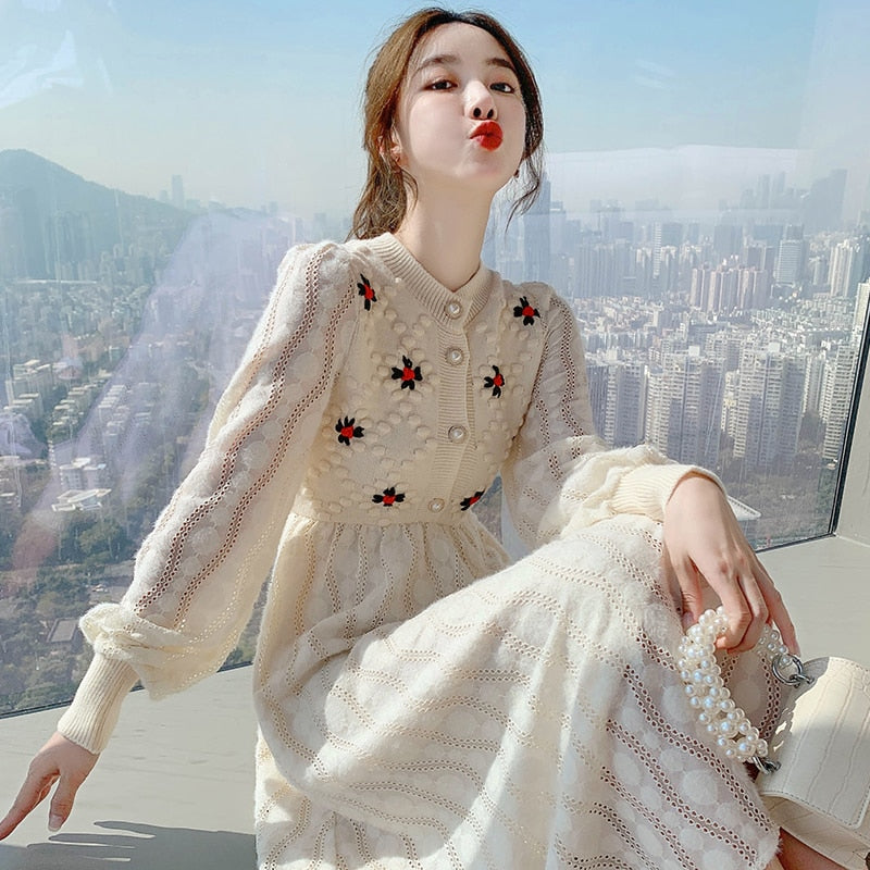 Knitting Sweater Maxi Dresses for Women Female Korea Style Slim Embroidery Wool Long Sleeve Woman Dress Party  Autumn Winter