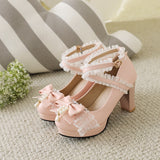 Darianrojas New Spring Women Shoes Plus Size 22-28cm Feet Length Chunky High Heel Pearl Bow Cross Buckle Cute Lolita Banquet Shoes
