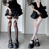 Darianrojas Sexy Mesh Fishnet Thigh High Stockings JK Lolita Girl Long Socks Stockings Japanese Style Lace Bowknot Suspender Knee High Socks