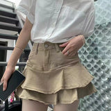 Pink strappy denim skirts women summer elegant sexy hot girl white lace stitching miniskirt ins casual sweet A-line skirt