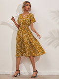 Chiffon Dress Summer Dress  Retro Yellow Red Floral Print Female Casual V-neck Short-sleeved A-line Beach Long Robe Dress