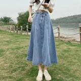 Lucyever Korean Style High Waist Long Skirts for Women Fashion  Summer Thin A-Line Denim Skirt Women's All-Match Midi Skirts