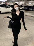 Vintage Black Bodycon Dress Retro Evening Party Elegant Wrap Long Sleeve Dresses for Women  Autumn Fall V-neck Polo