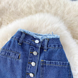Long Denim Skirt for Women Korean Fashion Vintage Tassels High Waist Single Breasted A-line Jeans Skirt with Pockets