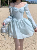 Darianrojas Long Sleeve Dress Female Blue Sweet A-Line Summer High Waist Vintage Slim Fairy Dress Princess Dress Sundress Beachwear Holiday