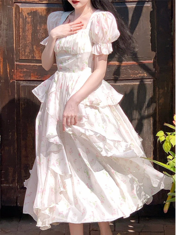 Chiffon Floral Midi Dress Elegant Woman Short Sleeve Vintage Party Dress Office Lady  Summer One Piece Dress Korean Chic