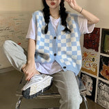 Korean Style Checkerboard Knitted Sweater Vest Women V-neck Oversized Plaid Preppy Fashion Sleeveless Knitwear Jacket