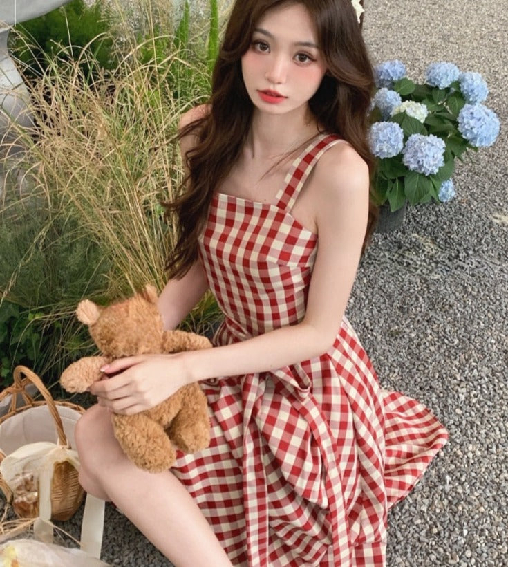 French Sweet Plaid Dress Fashion Chic and Elegant Strap Mini Dress Birthday Even Party Korean Style Dress for Women Summer