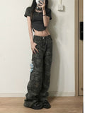 Camouflage Green Cargo Pants Women Y2K Hippie Low Rise Jeans Retro Streetwear Harajuku Army Wide Leg Denim Trousers