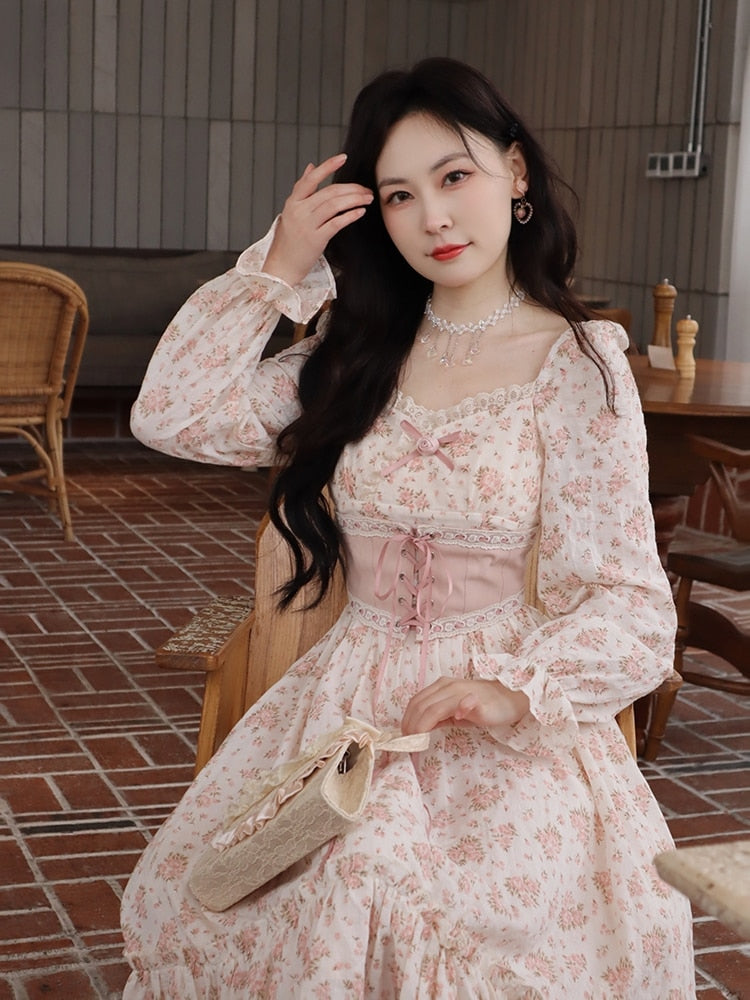 Darianrojas Pink Floral Korea Sweet Elegant Dress Women Bandage Lace Print France Vintage Dress Puff Sleeve Princess Kawaii Fairy Dress