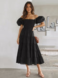 Summer Dresses for Women Print Off Shoulder Puff Sleeve Long Dress Backless High Waist A-line Beach Dress Vestido