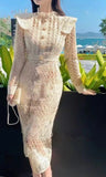 Spring Temperament Long-Sleeved Luxury Diamond Buttons Lace Dress Ladies Slim High Waist Design  Runway Dress