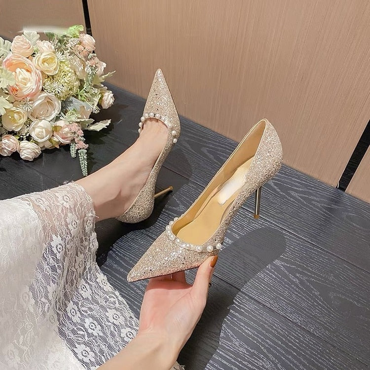 Darianrojas Gold Silver Heels Women Shoes Pumps Wedding Party Bridal Shoes Pointed Toe Big Size 42 Glitter 7.5cm Women Mid Heel Shoes