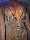 Shining Silver Crystals Chains Long Sleeve Rhinestone Dress Evening Birthday Transparent Mesh Outfit Women Dancer Sexy Dress