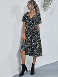 Chiffon Dress Summer Dress  Retro Yellow Red Floral Print Female Casual V-neck Short-sleeved A-line Beach Long Robe Dress