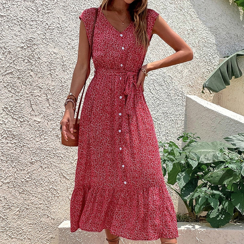 Summer Women's V Neck Holiday Print Short Sleeve Lace Up A Line Chic Floral Dress For Fashion