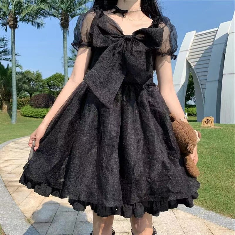 Darianrojas Lolita Black Dress Kawaii Aesthetic Puff Sleeve High Waist Vintage Bandage Lace Trim Party Gothic Clothes Summer Dress Woman