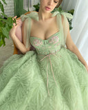 Darianrojas Women Green Long Ruffles Spaghetti Strap Dresses Elegant Embroidery Lace Bow Straps Evening Party Dress