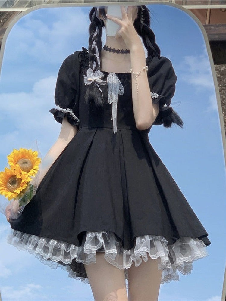 Darianrojas Kawaii Gothic Lolita Dress Women Goth Harajuku Cute Lace Black Puff Sleeve Short Dresses School Jk Summer Girls