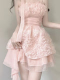 Summer Fashion High Waist Floral Dress Chic Elegant Pure Color Fairy Mini Dress Women Sweet Fresnch Short Party Dress