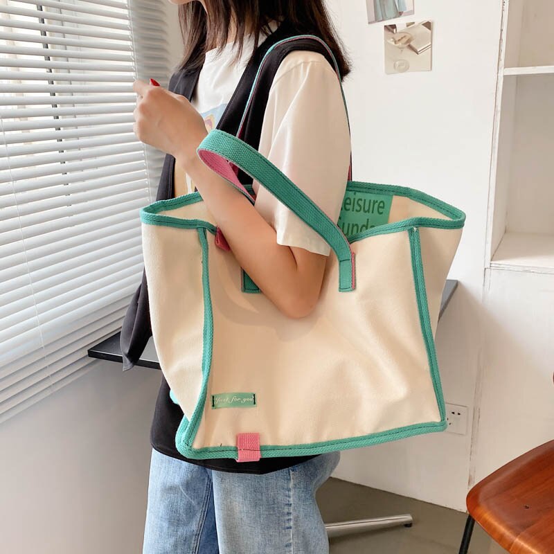 Darianrojas Fashion Trendy Brand with The Same Contrast Color Canvas Bag Ladies Handbag Korean Art Canvas Shopping Bag Shoulder Bag