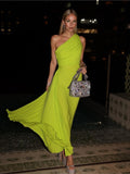 One Shoulder Green Pleated Maxi Dress Summer Women Sleeveless Cinched Waist Solid Color Elegant Party Evening Dresses