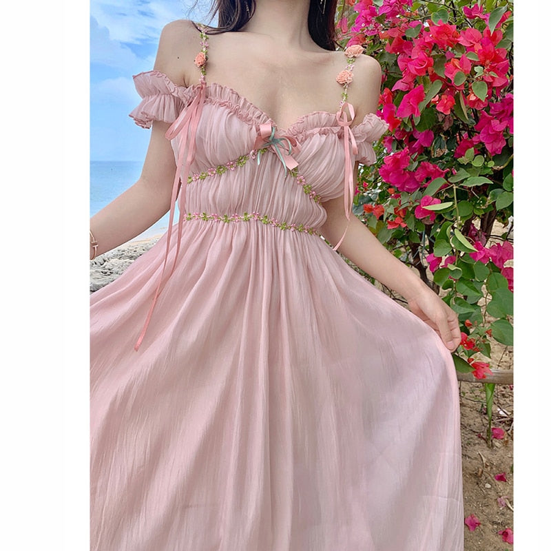 Darianrojas Casual Pink Mesh Back Elastic Korean Dress Women High Wasit V Neck Mid Dress Sleeveless A Line Spaghetti Strap Summer Dress