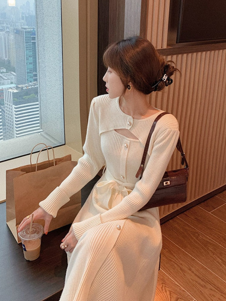 Winter Knitting One Piece Dresses Women Casual Long Sleeve Button Sweater Midi Dress Elegant Female Office Korean Autumn