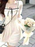 Lolita Bandage Mini Dress for Women Party Y2k Casual Long Flare Sleeve Vintage One Piece Dress Elegant Korea Fashion Autumn
