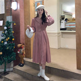 Elegant Office Ladies Women Dress Long Sleeve Corduroy Solid Color Casual New Korean Fashion Vintage Girls Fall Midi Dress