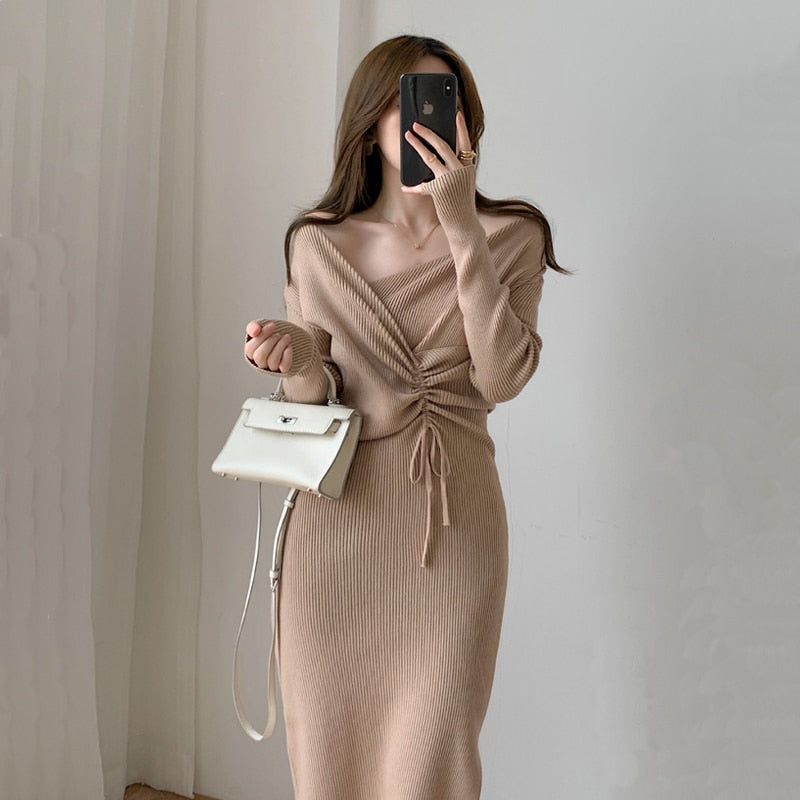 Vintage Korean One-Piece Sweater Maxi Dresses for Women Draw String Bodycon Slim Knitted Lady Woman Dress Autumn