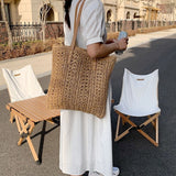 Darianrojas Square Hollow Straw Beach Bag Handmade Woven Shoulder Bag Raffia Rattan Shopping Travel Bag Bohemian Summer Vacation Casual Tote