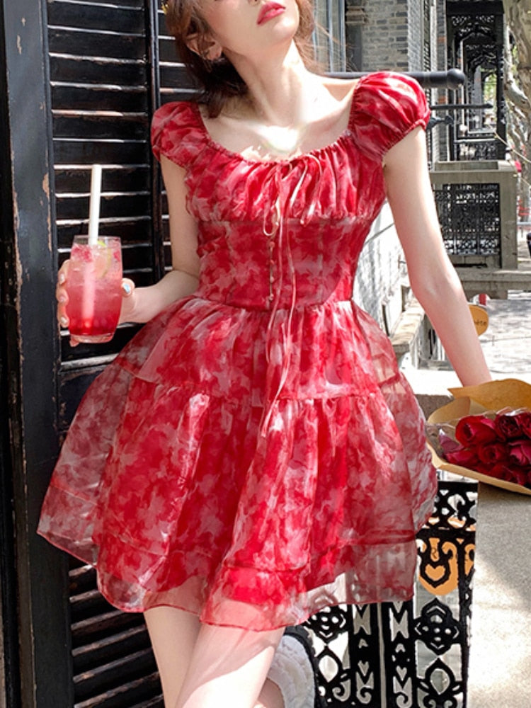 Summer Fairy Floral Y2k Mini Dress Women Basic Elegant Short Party Dress Female Slim One Piece Dress Korean Fashion Chic