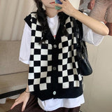 Korean Style Checkerboard Knitted Sweater Vest Women V-neck Oversized Plaid Preppy Fashion Sleeveless Knitwear Jacket