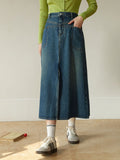 Denim Skirt Women High Waist Long A-LINE Skirts Office Lady Front Spilt Retro Denim Blue Jean Skirt For Women