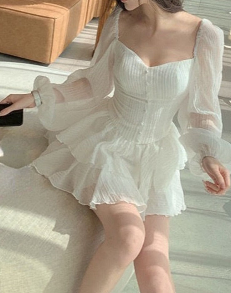 Darianrojas Sweet Y2k Mini Dress Woman Puff Sleeve Elegant Short Party Dress Casual Summer Pure Color One Piece Dress Korean Fashion