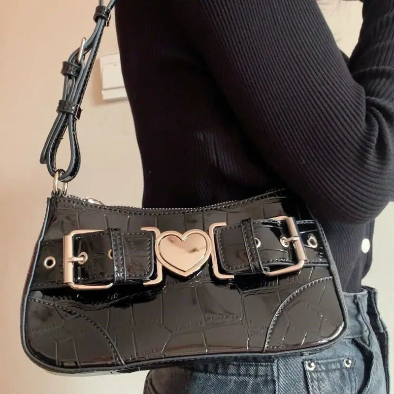 Darianrojas Motorcycle Style Cool Shoulder Bag Crocodile Pattern Black Hot Girls Underarm Cell Phone Bag Metal Heart Handbags