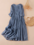 Summer Dresses Woman  Retro Loose Cotton  Linen Solid Color Mid-length High  Short-sleeved Dress Elegant Casual Women Robe