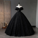 New Black Ball Gown Simple Luxury Bling Shining Quinceanera Dresses Classic Off The Shoulder Floor-length Puffy Dresses For Prom