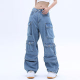 Solid Color Overalls Jeans Women's Y2K Street Retro Loose Wide-Leg Overalls Couple Casual Joker Mopping Jeans Pants Women