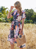 Chiffon Dress Summer Dress  Retro Yellow Red Floral Print Female Casual V-neck Short-sleeved A-line Beach Long Robe Dress