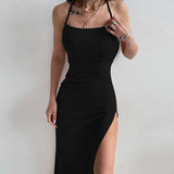 Sexy Black Long Bodycon Dress Women Summer Sleeveless Blackless Halter Neck Spaghetti Strap Dresses High Split Vestidos