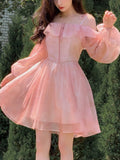 Summer Pink Elegant Sweet Dress Women Off Shoulder France Vintage Party Mini Dress Chiffon Korea Princess Fairy Dress Female New