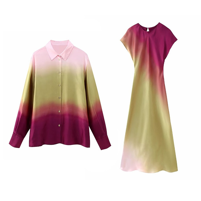 TRAF Women New Fashion Tie-Dyed Long Dresses  Spring Summer Elegant Sleeveless Folds Sweet Vestidos High Street Outwear