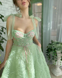 Darianrojas Women Green Long Ruffles Spaghetti Strap Dresses Elegant Embroidery Lace Bow Straps Evening Party Dress