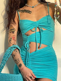 90s Fashion Drawstring Backless Blue Cami Dress Sexy Clubwear Bandage Sleeveless Bodycon Cut Out Dress Party Outfits