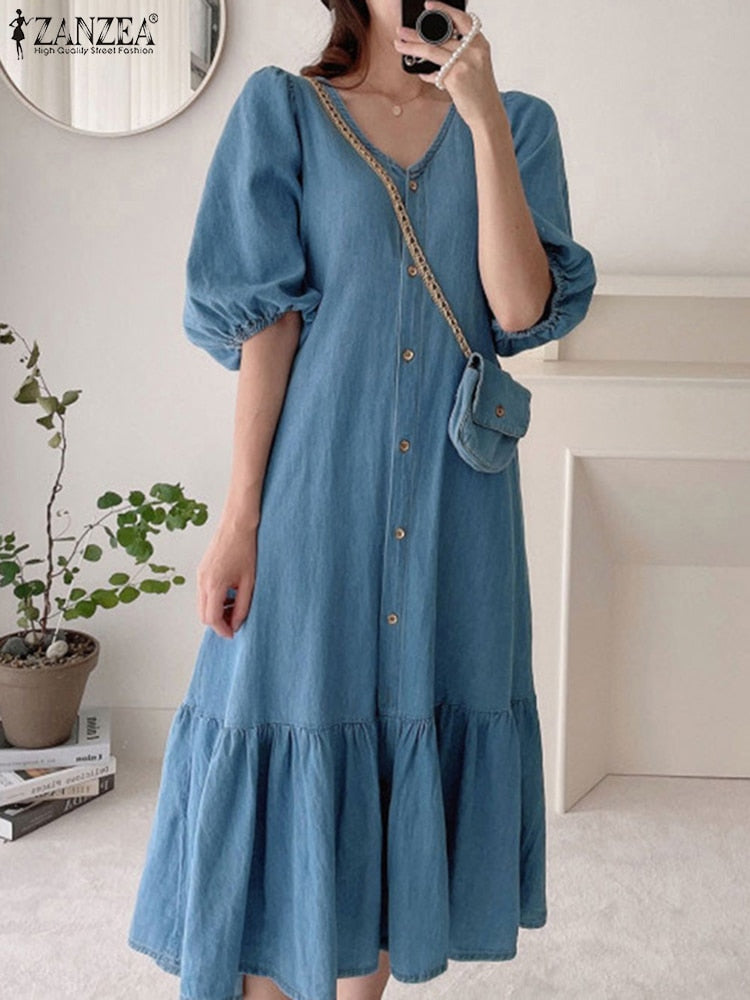 Vintage Denim Blue Women Shirt Ruffle Dress ZANZEA Summer Fashion Short Sleeve Maxi Robe Oversized Casual V Neck A Line Sundress