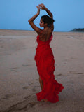 Ruffles Chiffon Maxi Dresses for Women Backlesss Split Sexy Porm Dress Red Long Summer Wedding Party Dress Elegant Luxury