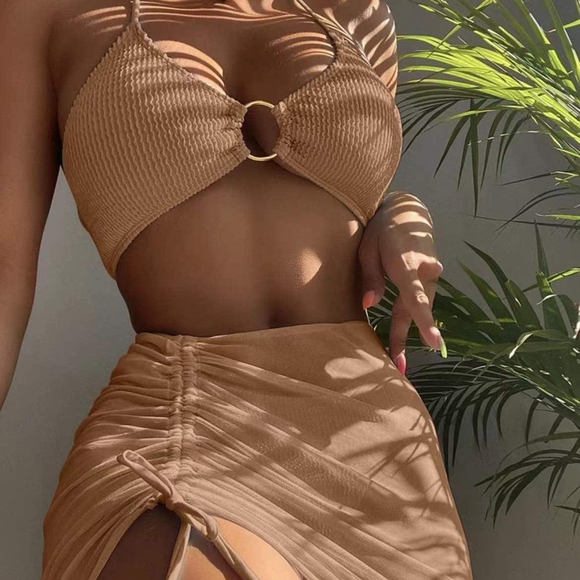 Sexy Halter Neck Split Three-piece Swimsuit Skirt Drawstring High Waist Lace-up Slim Bikini Solid Stitching Swimsuits Woman