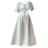 Vintage French Holiday White Dress Short Puff Sleeves Zipper Front A Line Slim Dress Vestidos Elegant Party Dress Summer